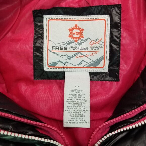 Free Country Girl’s Black &Pink Puffer Winter Jacket Coat Size 7-8 Zip Up Hooded - Picture 4 of 7